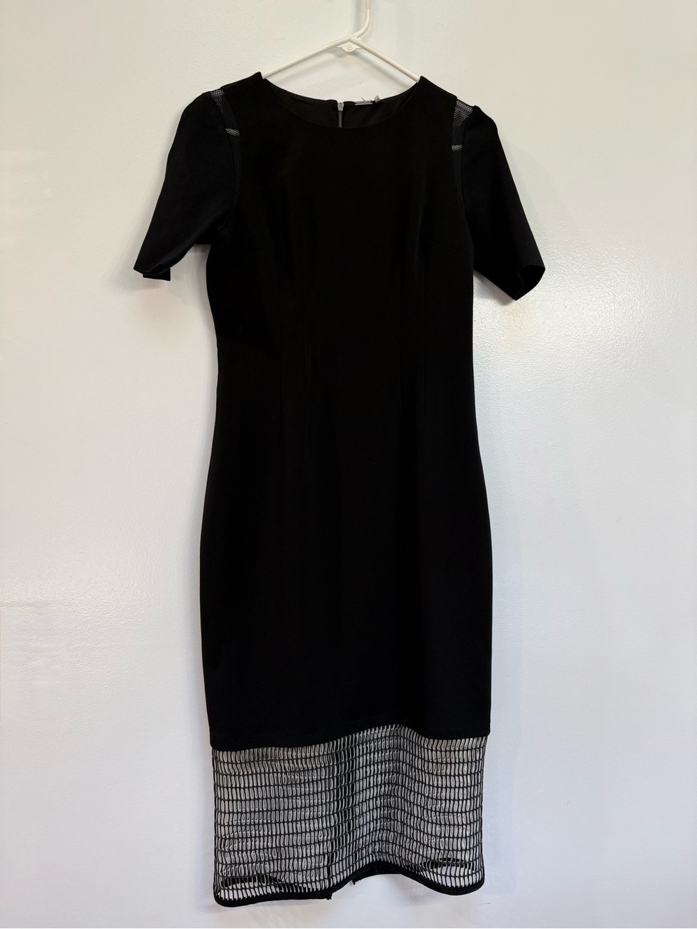 Elie Tahari Black Short-Sleeve Midi Sheath Dress with Mesh Hem Panel